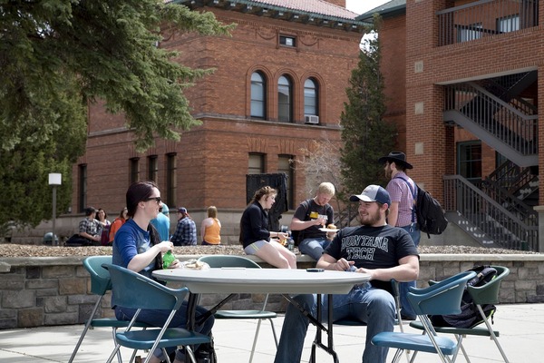 Students eating outside.