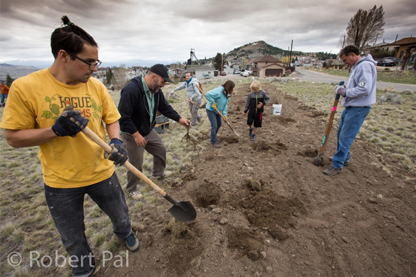 A group of volunteers working together to dig and prepare soil for planting in a community garden.