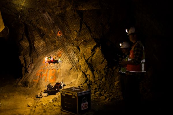 A drone flies in the Underground Mine Education Center