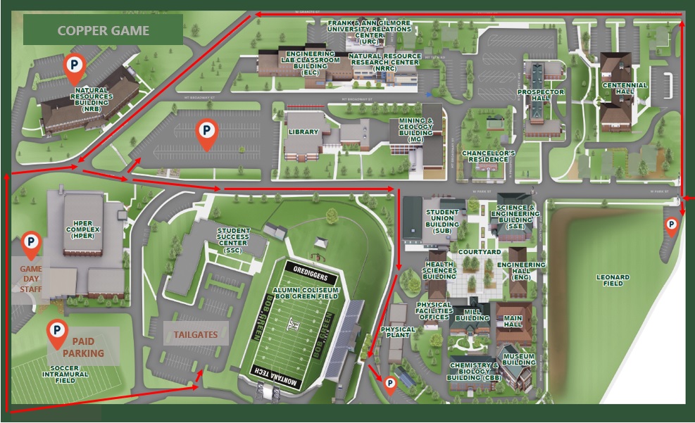 Campus map with traffic flow arrows marked in red. 