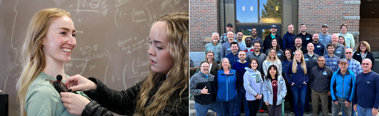 A collage of two images. The first image contains two students performing safety practices and the second is a group photo of the IH distance students and faculty.